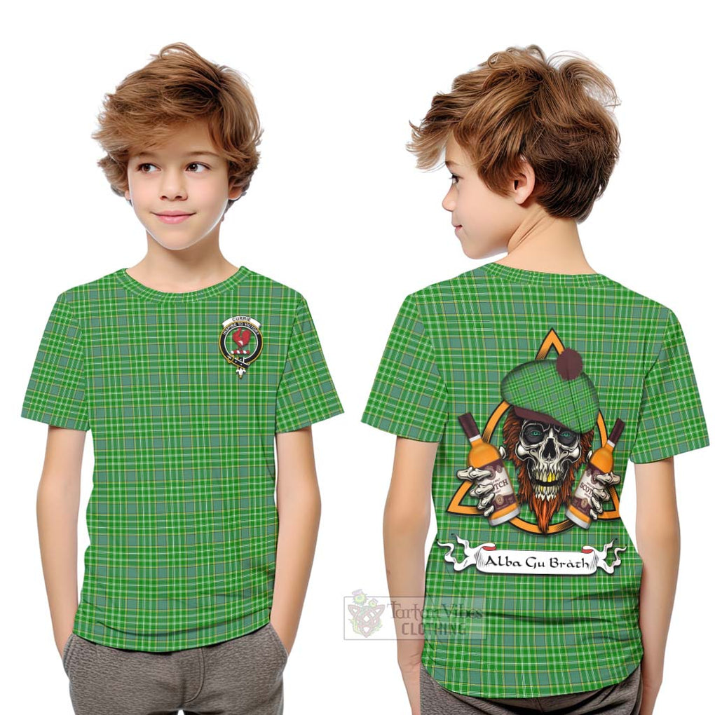 Tartan Vibes Clothing Currie Tartan Kid T-Shirt with Family Crest and Bearded Skull Holding Bottles of Whiskey