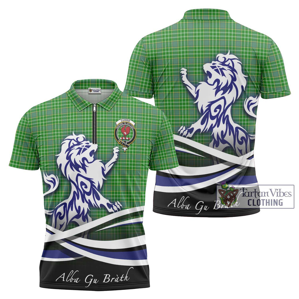 Currie Tartan Zipper Polo Shirt with Alba Gu Brath Regal Lion Emblem Unisex - Tartanvibesclothing Shop