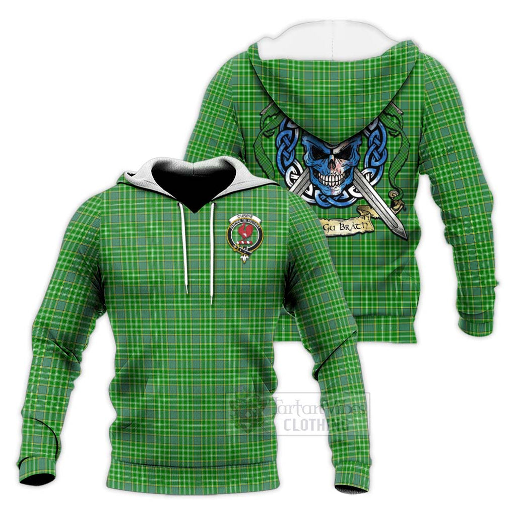 Tartan Vibes Clothing Currie Tartan Knitted Hoodie with Family Crest Celtic Skull Style