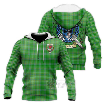 Currie Tartan Knitted Hoodie with Family Crest Celtic Skull Style