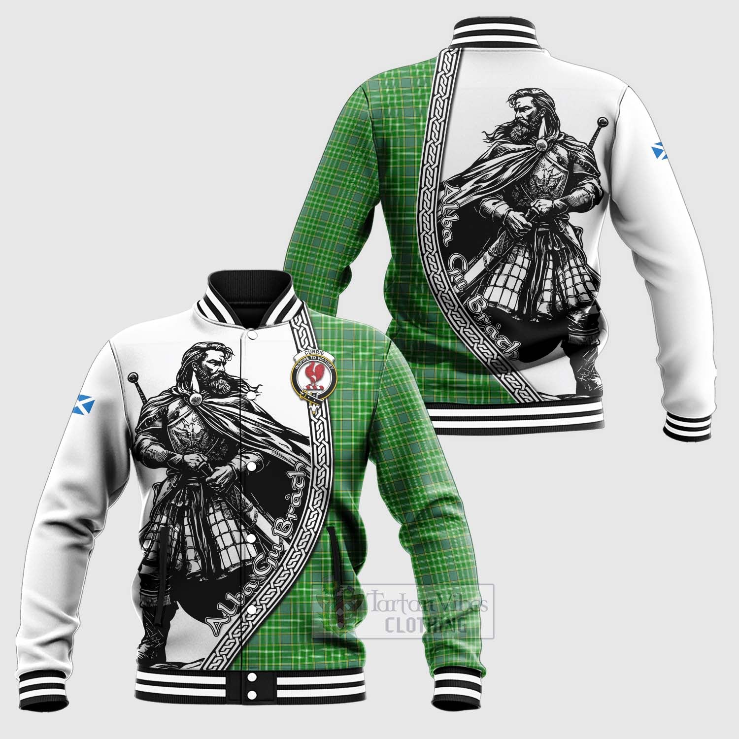 Tartan Vibes Clothing Currie Tartan Clan Crest Baseball Jacket with Highlander Warrior Celtic Style