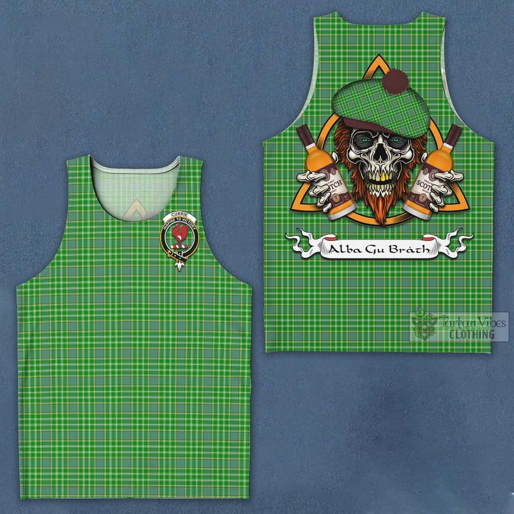 Tartan Vibes Clothing Currie Tartan Men's Tank Top with Family Crest and Bearded Skull Holding Bottles of Whiskey