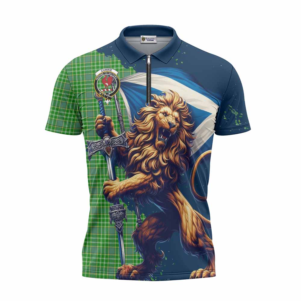 Tartan Vibes Clothing Currie Tartan Family Crest Zipper Polo Shirt with Scottish Majestic Lion