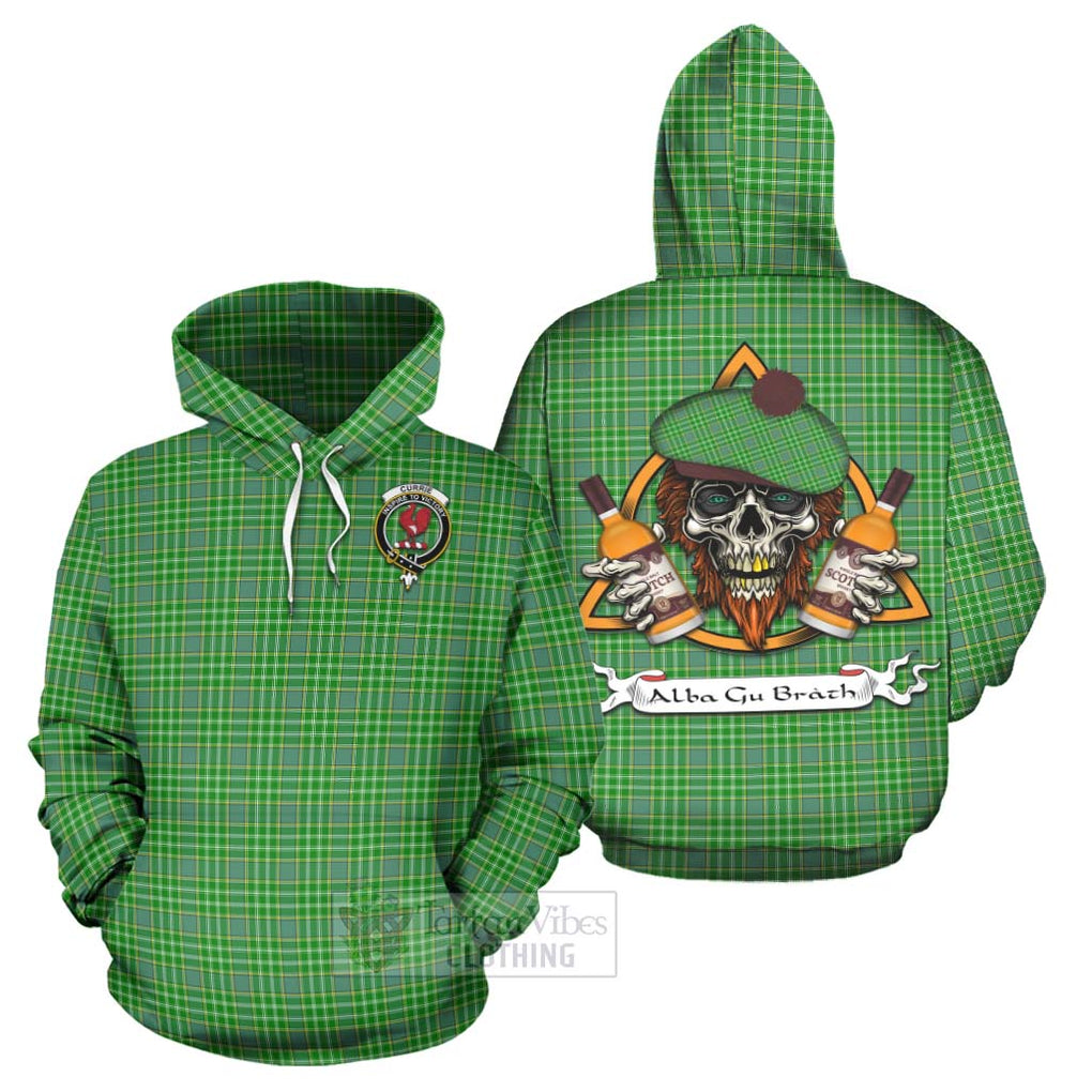 Tartan Vibes Clothing Currie Tartan Hoodie with Family Crest and Bearded Skull Holding Bottles of Whiskey