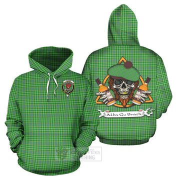 Currie Tartan Hoodie with Family Crest and Bearded Skull Holding Bottles of Whiskey