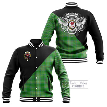 Currie Tartan Baseball Jacket with Family Crest and Military Logo Style