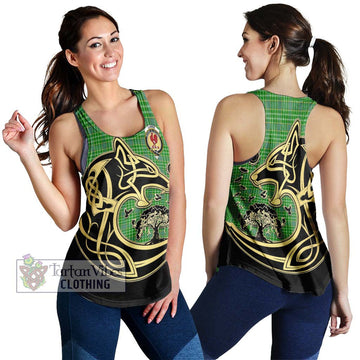 Currie Tartan Women's Racerback Tanks with Family Crest Celtic Wolf Style