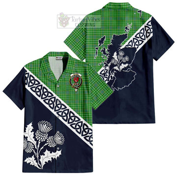 Currie Tartan Short Sleeve Button Shirt Featuring Thistle and Scotland Map