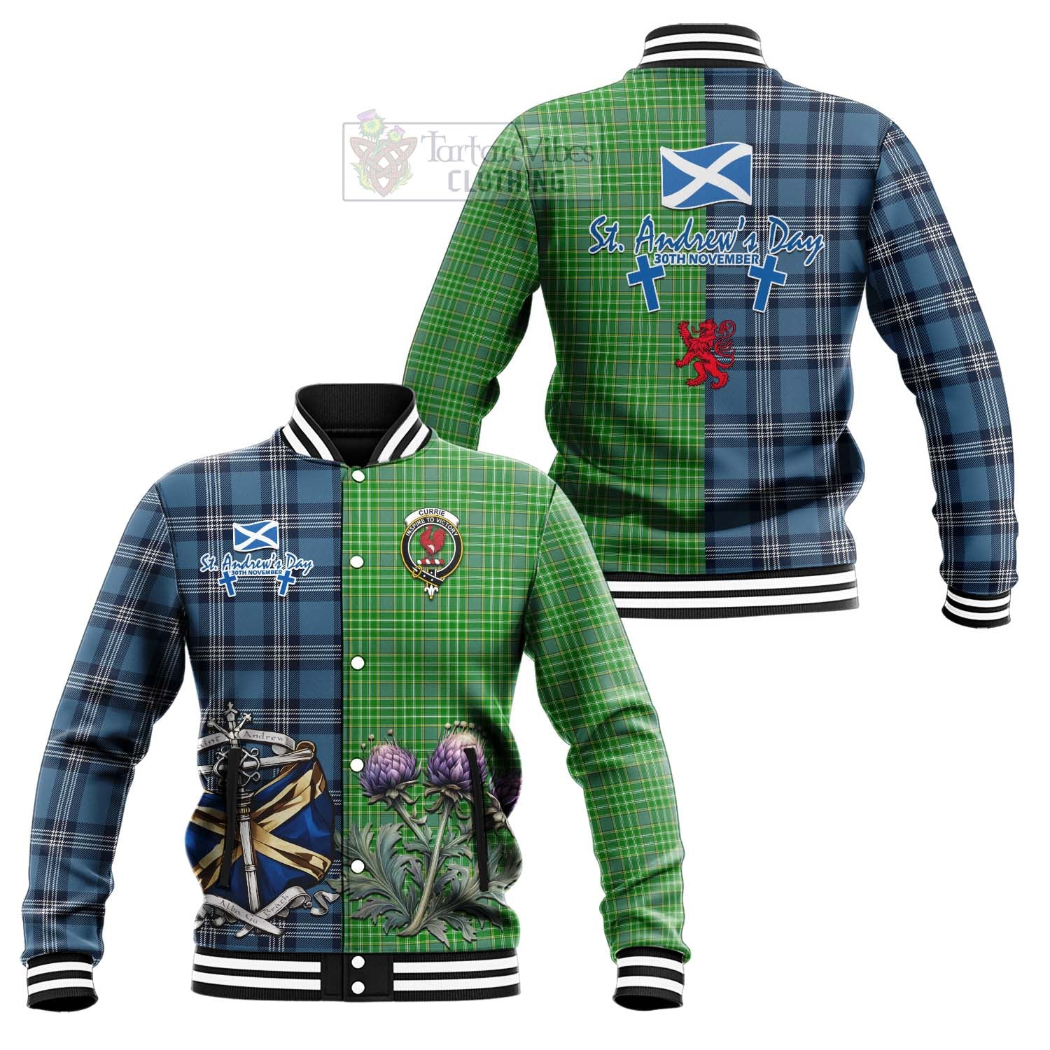 Tartan Vibes Clothing Currie Tartan Baseball Jacket Happy St. Andrew's Day Half Tartan Style