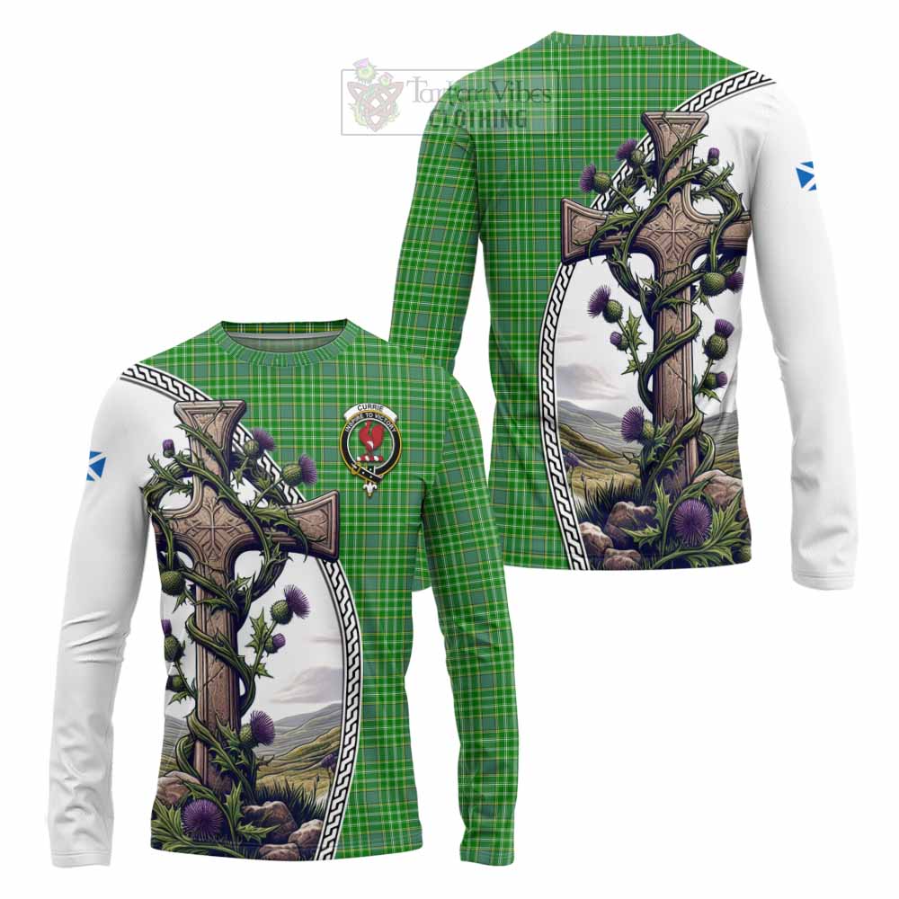 Tartan Vibes Clothing Currie Tartan Long Sleeve T-Shirt with Family Crest and St. Andrew's Cross Accented by Thistle Vines