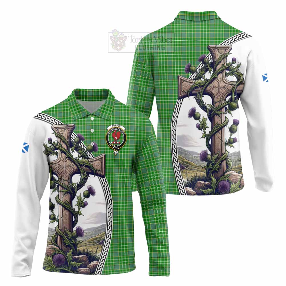 Tartan Vibes Clothing Currie Tartan Long Sleeve Polo Shirt with Family Crest and St. Andrew's Cross Accented by Thistle Vines