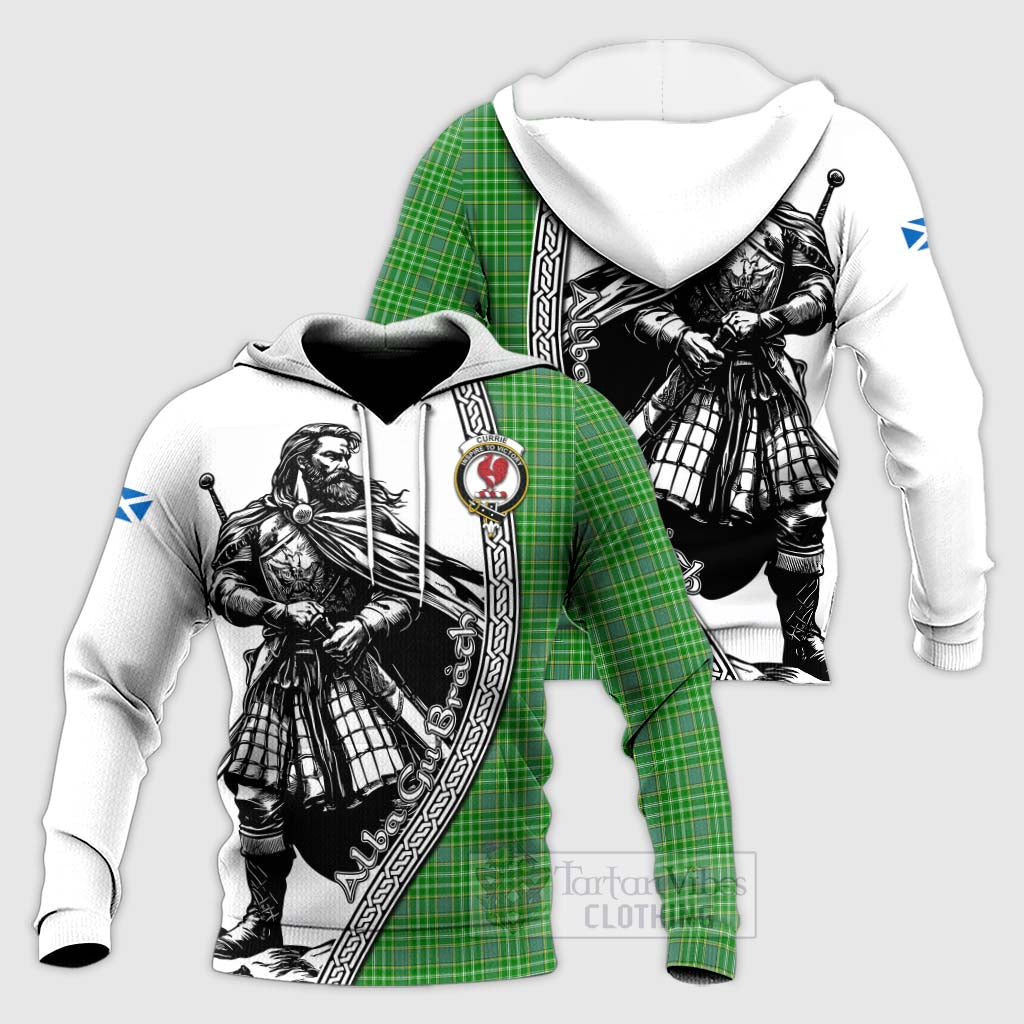 Tartan Vibes Clothing Currie Tartan Clan Crest Knitted Hoodie with Highlander Warrior Celtic Style