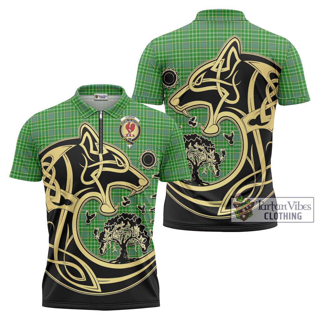 Currie Tartan Zipper Polo Shirt with Family Crest Celtic Wolf Style Unisex - Tartanvibesclothing Shop