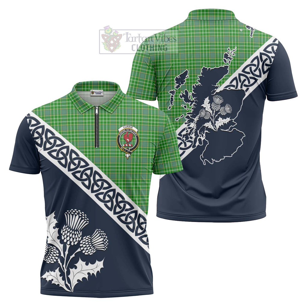 Tartan Vibes Clothing Currie Tartan Zipper Polo Shirt Featuring Thistle and Scotland Map