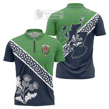 Currie Tartan Zipper Polo Shirt Featuring Thistle and Scotland Map