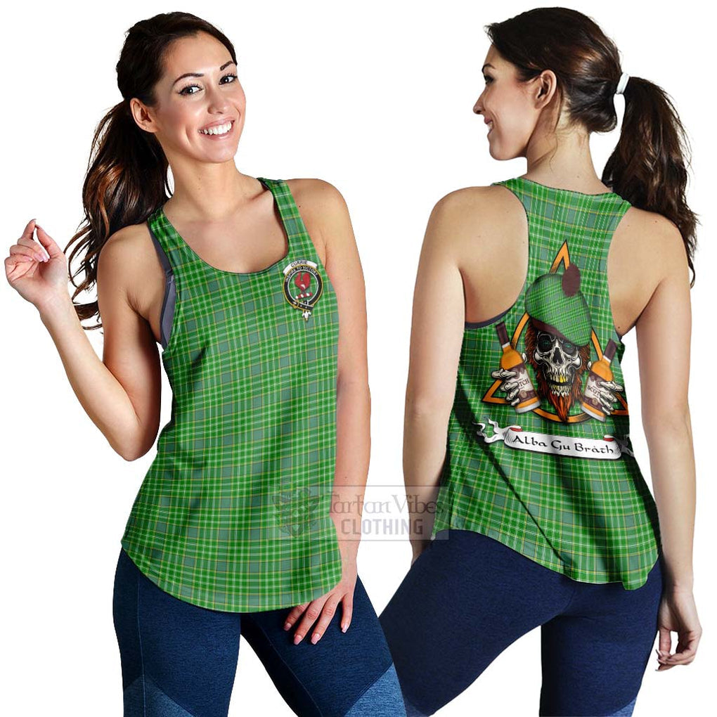 Tartan Vibes Clothing Currie Tartan Women's Racerback Tanks with Family Crest and Bearded Skull Holding Bottles of Whiskey