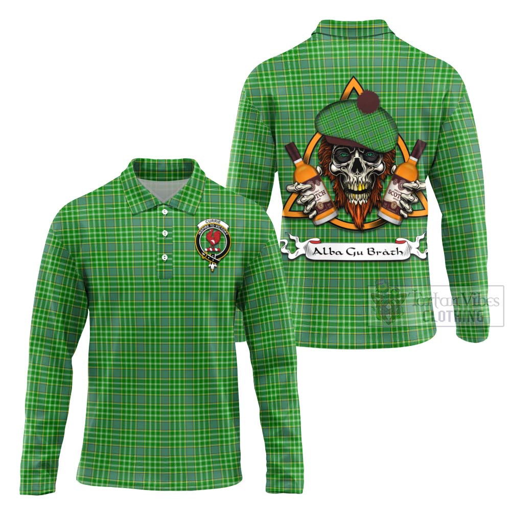 Tartan Vibes Clothing Currie Tartan Long Sleeve Polo Shirt with Family Crest and Bearded Skull Holding Bottles of Whiskey