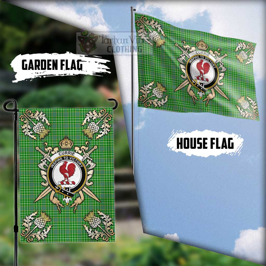 Tartan Vibes Clothing Currie Tartan Flag with Family Crest and Golden Thistle Crossed Sword Design