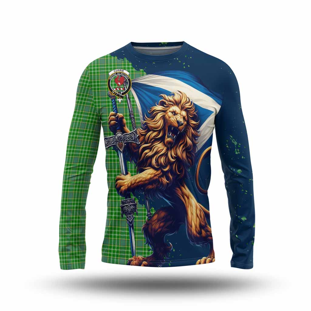 Tartan Vibes Clothing Currie Tartan Family Crest Long Sleeve T-Shirt with Scottish Majestic Lion