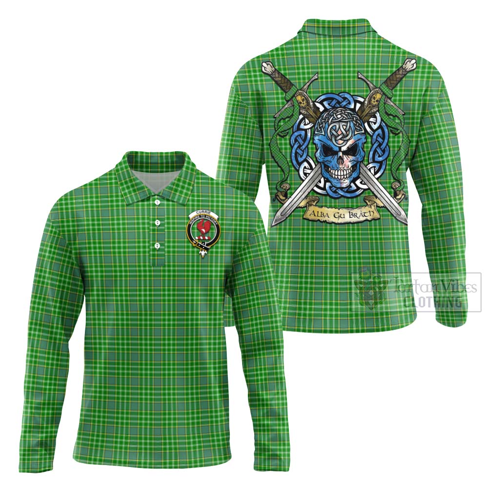 Tartan Vibes Clothing Currie Tartan Long Sleeve Polo Shirt with Family Crest Celtic Skull Style