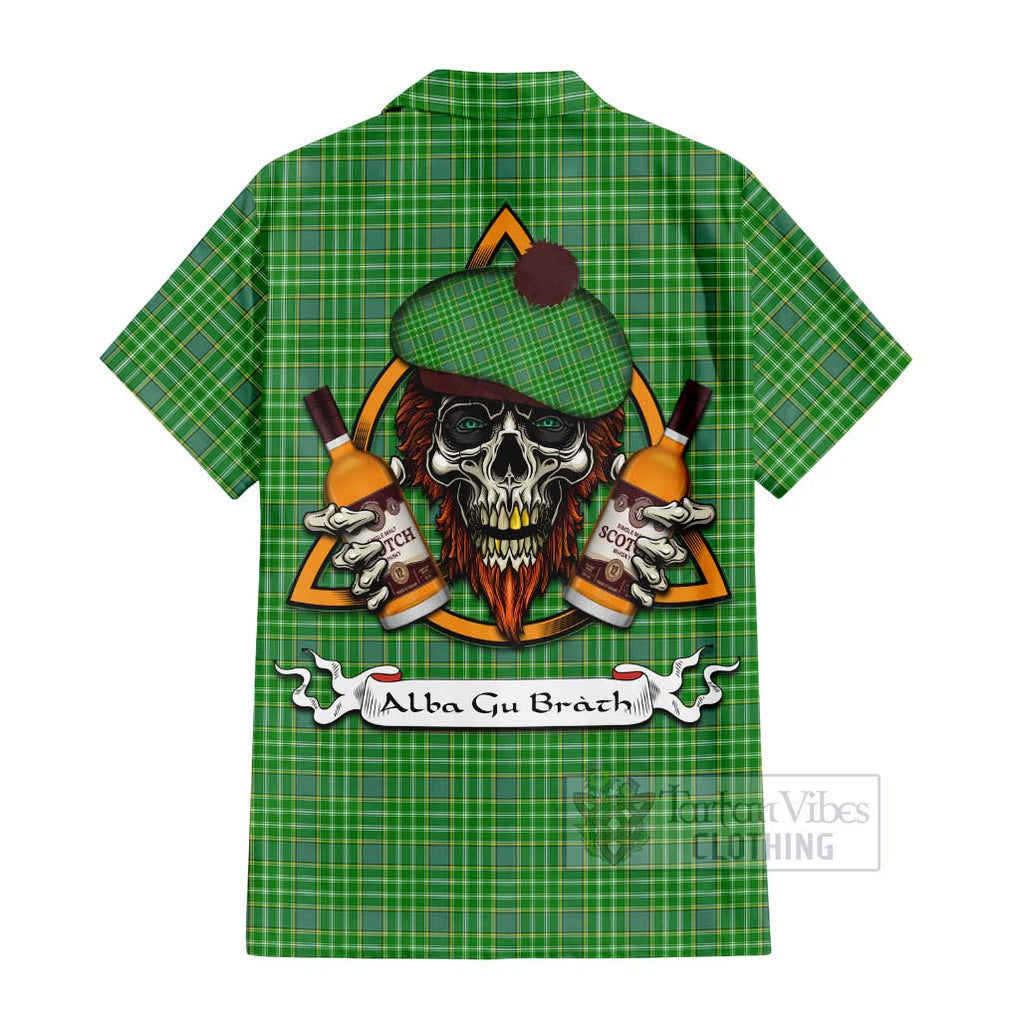 Tartan Vibes Clothing Currie Tartan Short Sleeve Button Shirt with Family Crest and Bearded Skull Holding Bottles of Whiskey