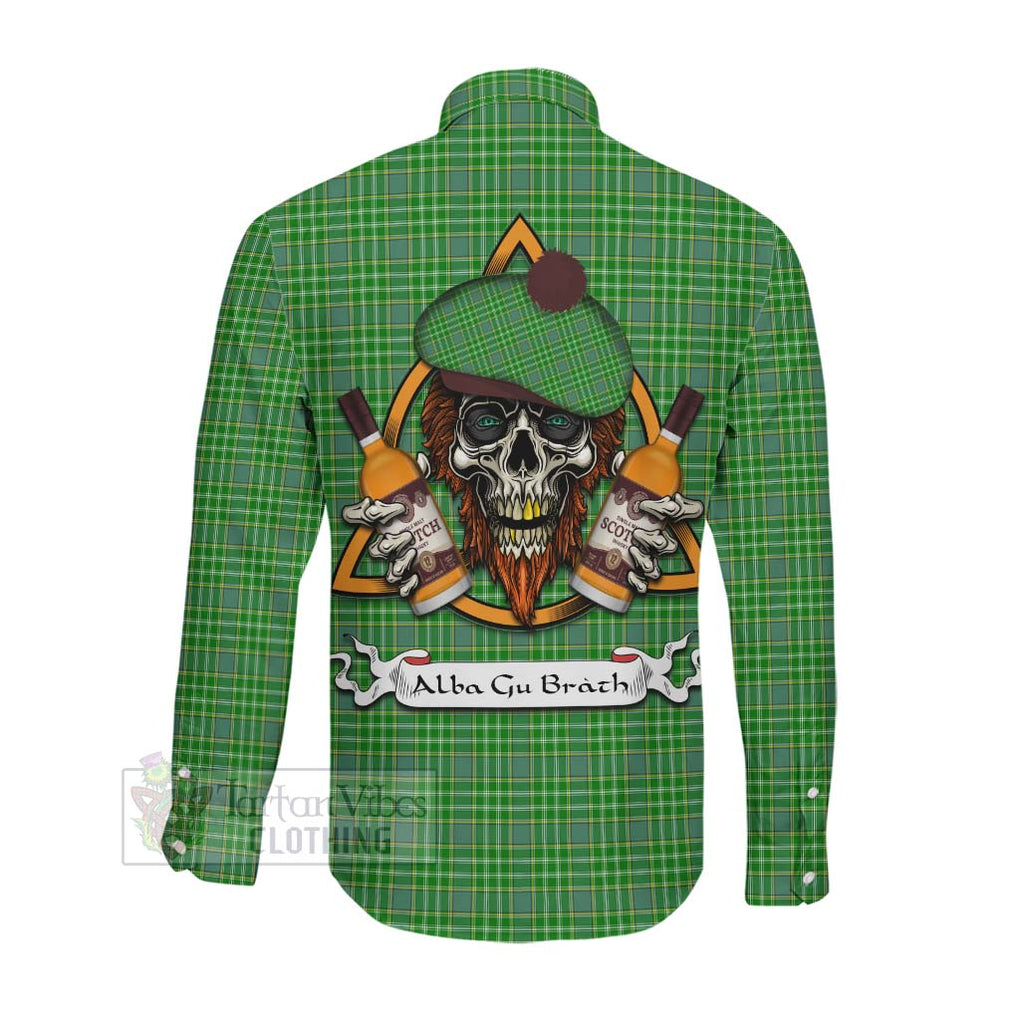 Tartan Vibes Clothing Currie Tartan Long Sleeve Button Shirt with Family Crest and Bearded Skull Holding Bottles of Whiskey