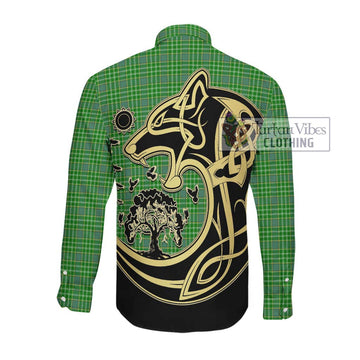 Currie Tartan Long Sleeve Button Shirt with Family Crest Celtic Wolf Style