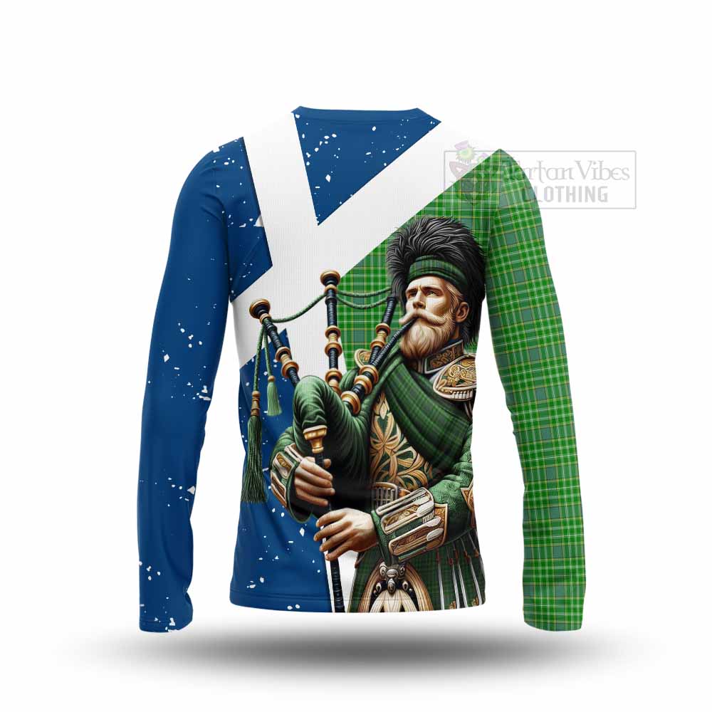 Tartan Vibes Clothing Currie Tartan Long Sleeve T-Shirt with Family Crest Scottish Bagpiper Vibes