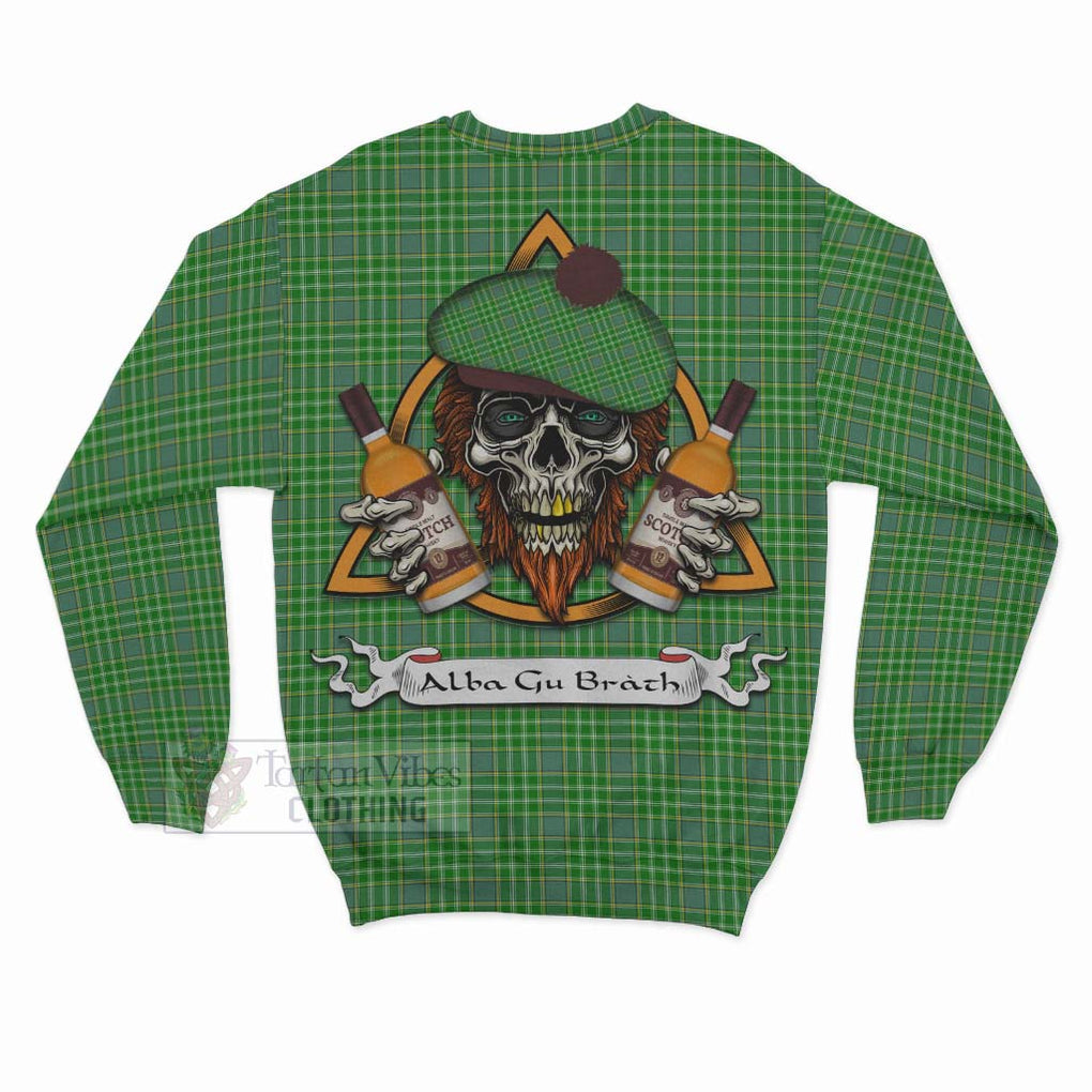 Tartan Vibes Clothing Currie Tartan Sweatshirt with Family Crest and Bearded Skull Holding Bottles of Whiskey