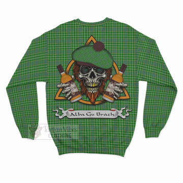 Currie Tartan Sweatshirt with Family Crest and Bearded Skull Holding Bottles of Whiskey