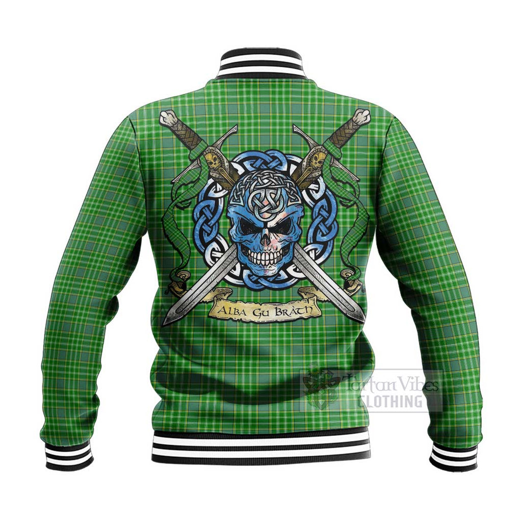 Tartan Vibes Clothing Currie Tartan Baseball Jacket with Family Crest Celtic Skull Style