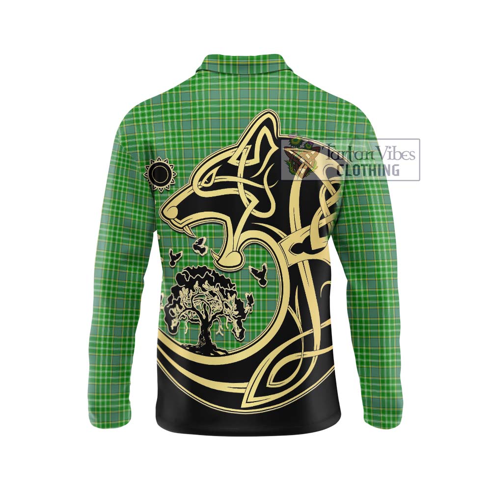 Currie Tartan Long Sleeve Polo Shirt with Family Crest Celtic Wolf Style - Tartanvibesclothing Shop