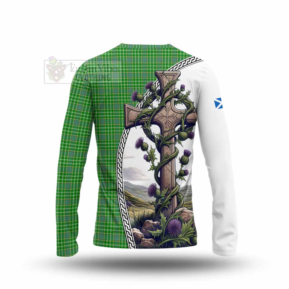 Tartan Vibes Clothing Currie Tartan Long Sleeve T-Shirt with Family Crest and St. Andrew's Cross Accented by Thistle Vines