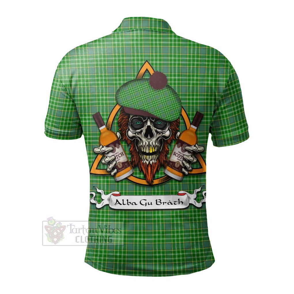 Tartan Vibes Clothing Currie Tartan Polo Shirt with Family Crest and Bearded Skull Holding Bottles of Whiskey