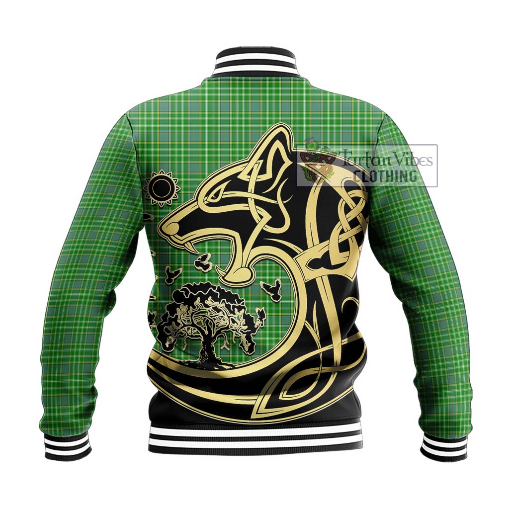 Tartan Vibes Clothing Currie Tartan Baseball Jacket with Family Crest Celtic Wolf Style
