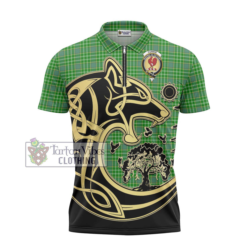 Currie Tartan Zipper Polo Shirt with Family Crest Celtic Wolf Style - Tartanvibesclothing Shop