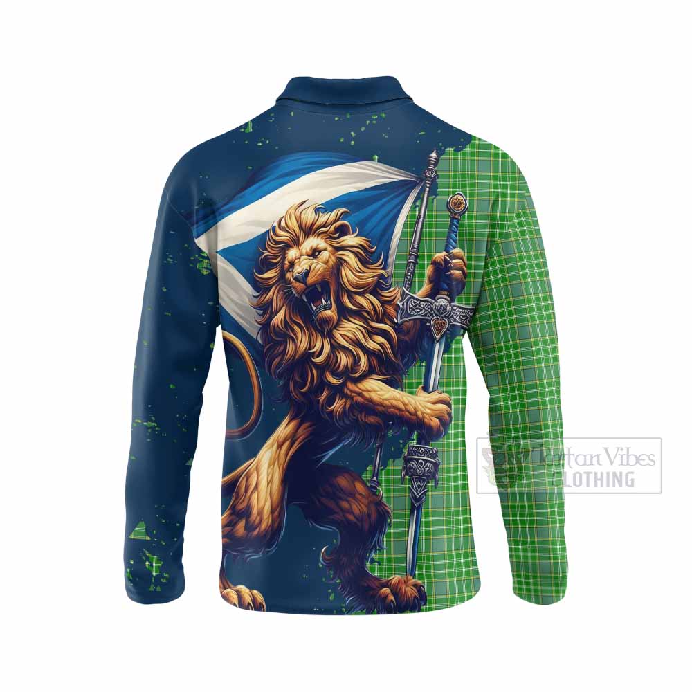 Tartan Vibes Clothing Currie Tartan Family Crest Long Sleeve Polo Shirt with Scottish Majestic Lion