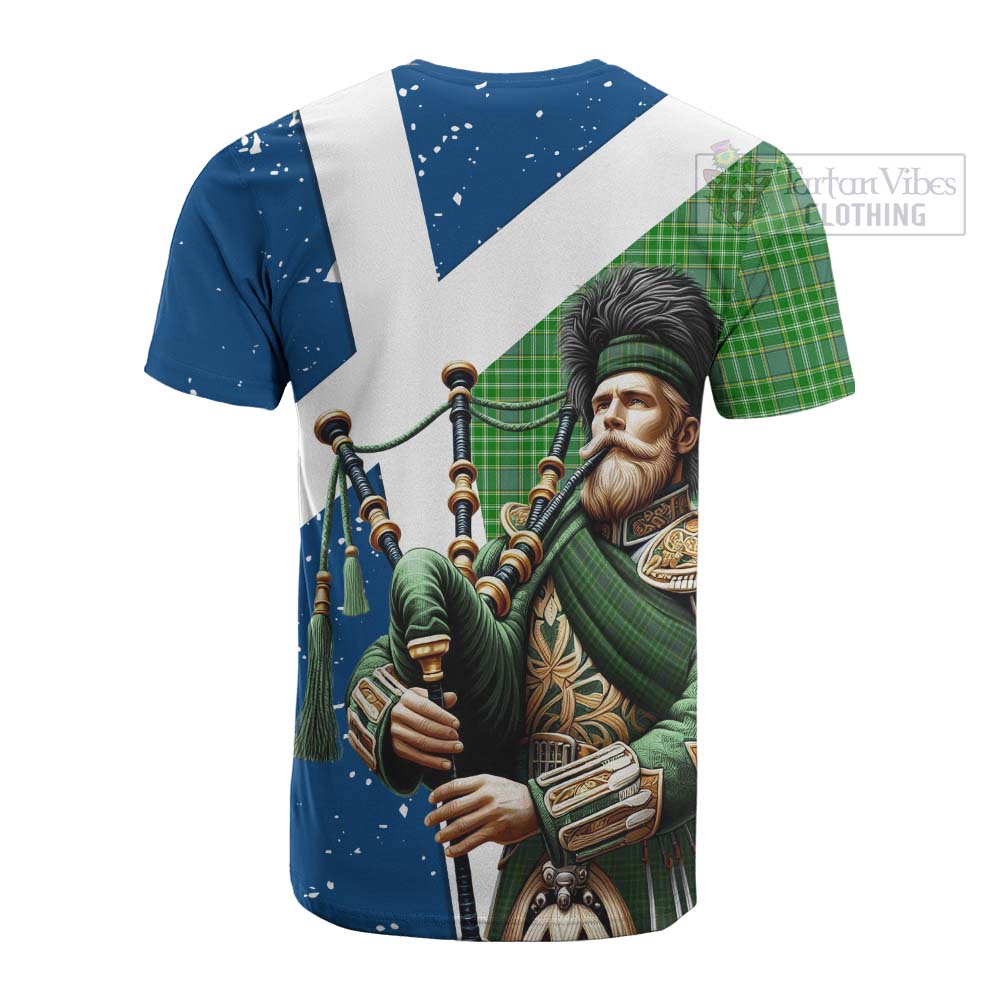 Tartan Vibes Clothing Currie Tartan Cotton T-shirt with Family Crest Scottish Bagpiper Vibes