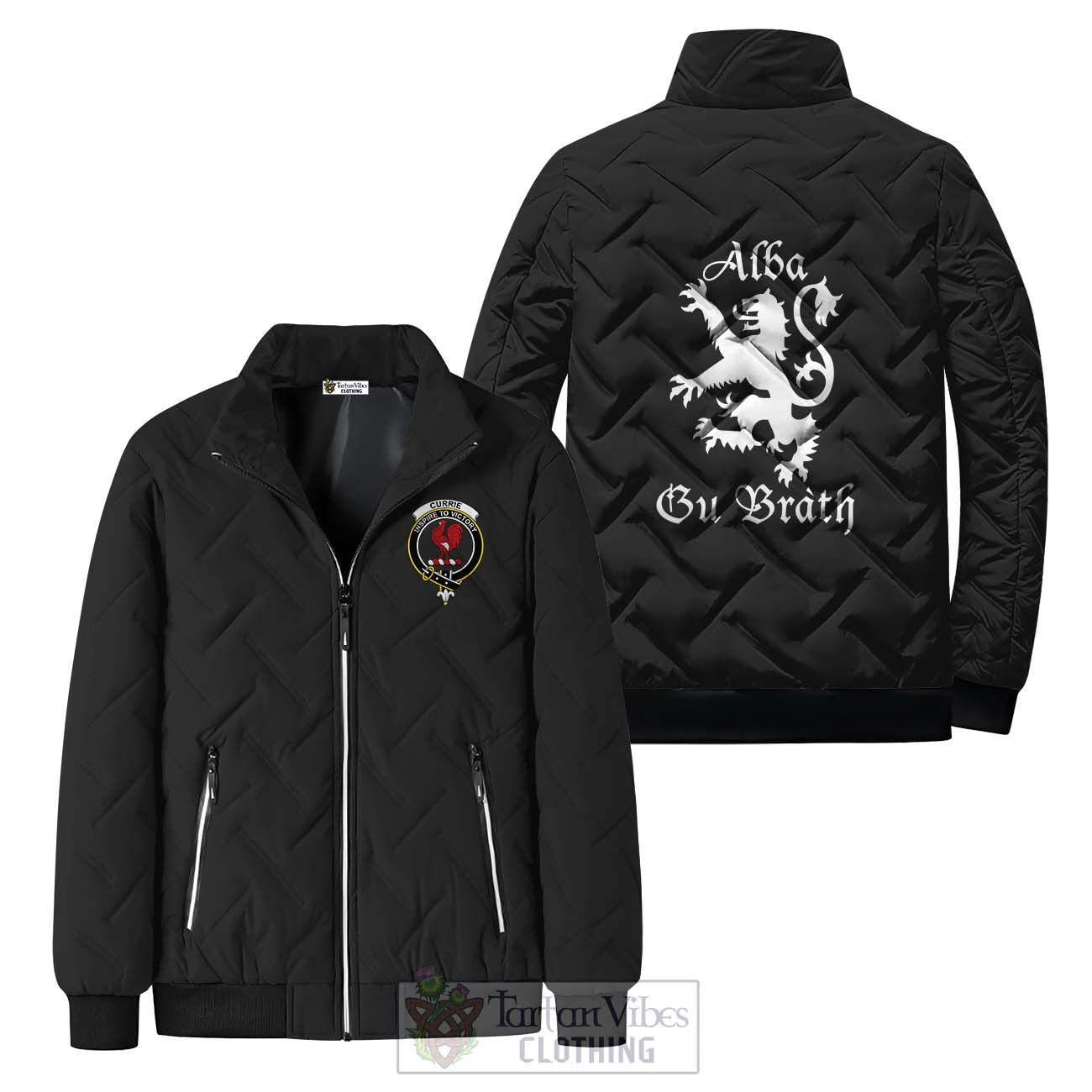 Tartan Vibes Clothing Currie Family Crest Padded Cotton Jacket Lion Rampant Alba Gu Brath Style