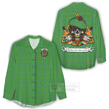 Currie Tartan Women's Casual Shirt with Family Crest and Bearded Skull Holding Bottles of Whiskey