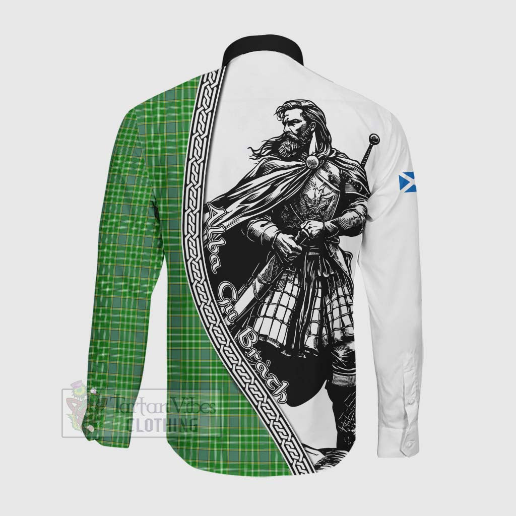 Tartan Vibes Clothing Currie Tartan Clan Crest Long Sleeve Button Shirt with Highlander Warrior Celtic Style