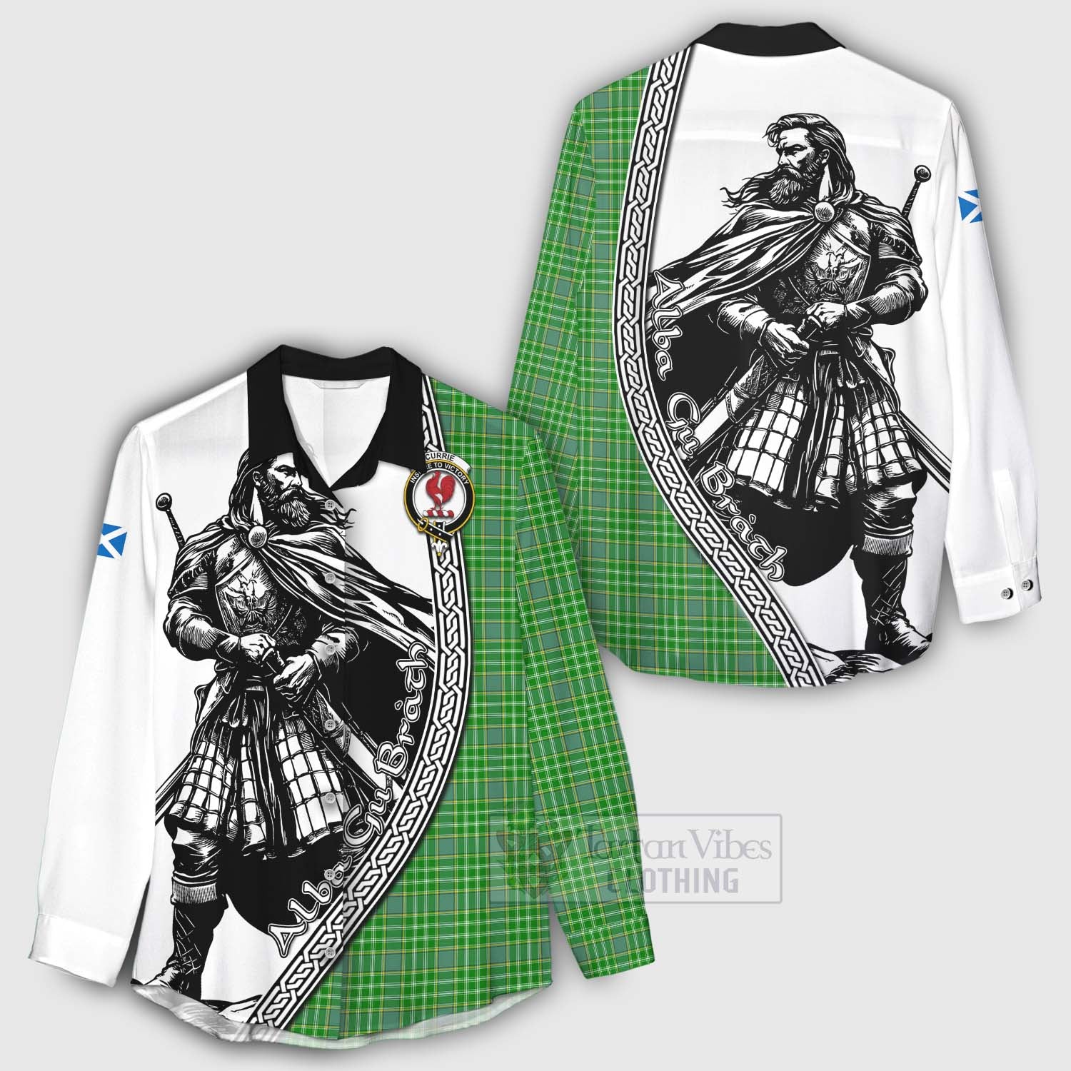 Tartan Vibes Clothing Currie Tartan Clan Crest Women's Casual Shirt with Highlander Warrior Celtic Style