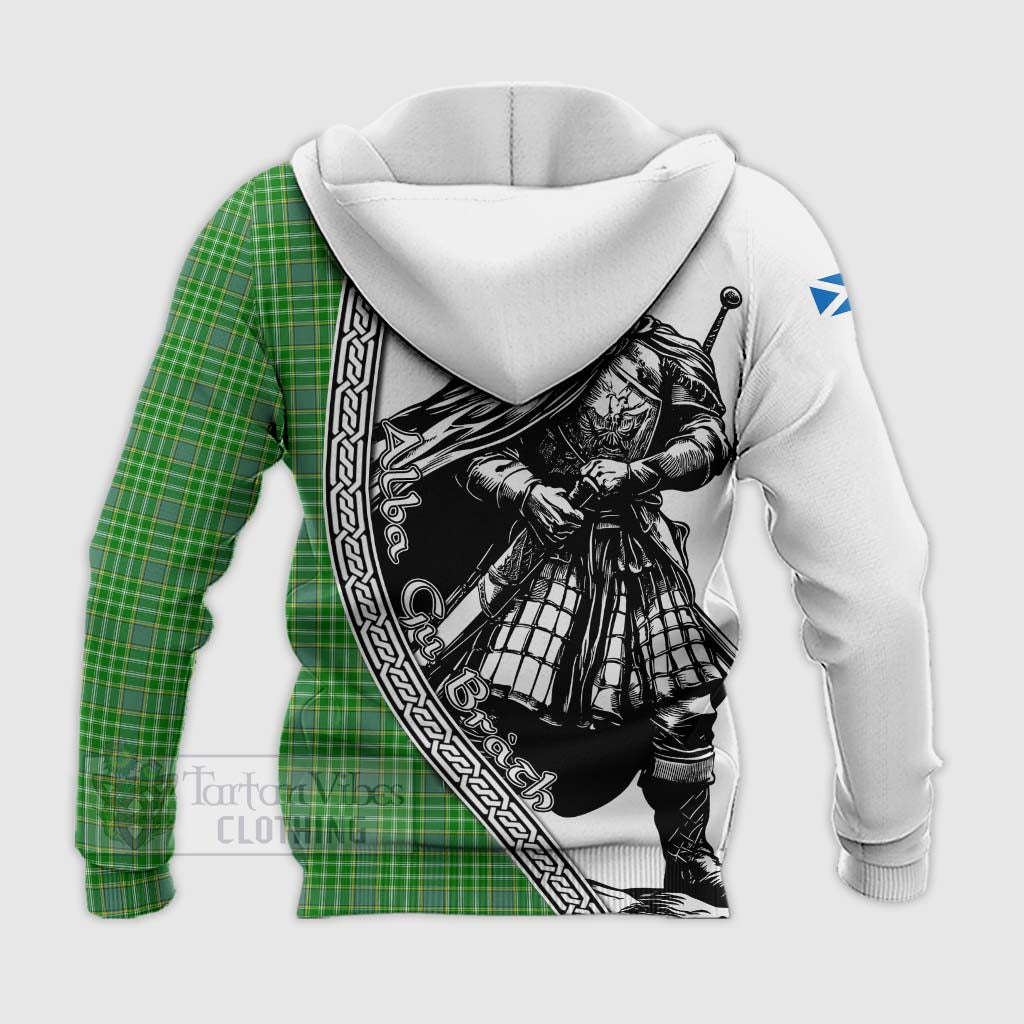 Tartan Vibes Clothing Currie Tartan Clan Crest Knitted Hoodie with Highlander Warrior Celtic Style