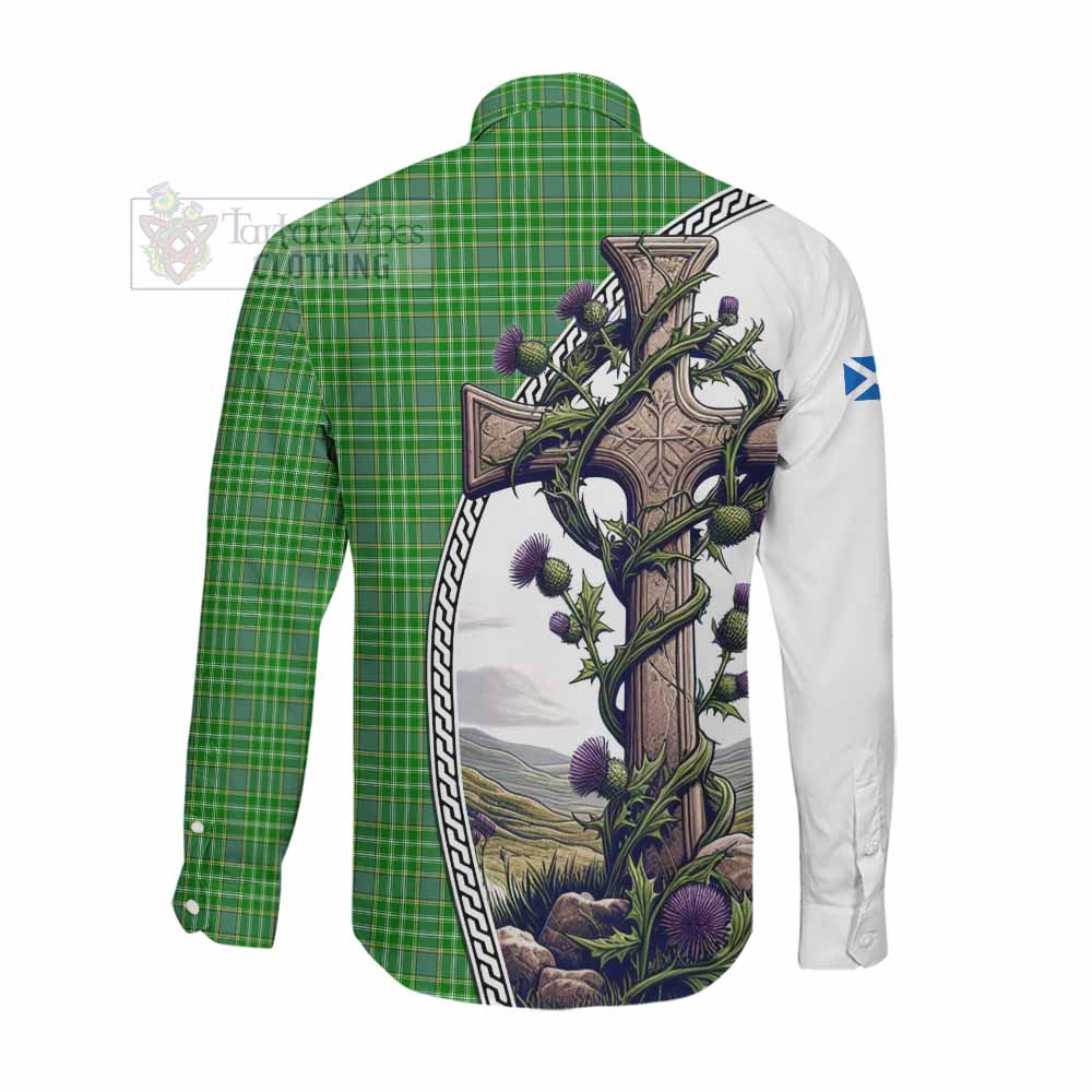 Tartan Vibes Clothing Currie Tartan Long Sleeve Button Shirt with Family Crest and St. Andrew's Cross Accented by Thistle Vines