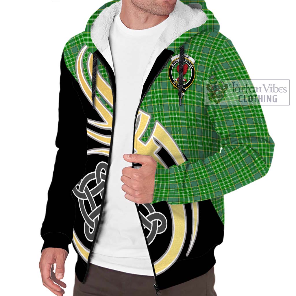 Currie Tartan Sherpa Hoodie with Family Crest and Celtic Symbol Style - Tartan Vibes Clothing