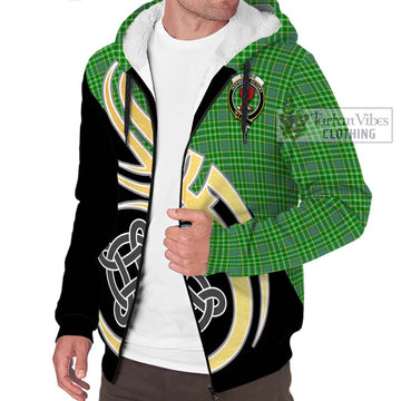 Currie Tartan Sherpa Hoodie with Family Crest and Celtic Symbol Style