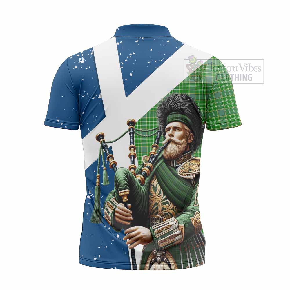 Tartan Vibes Clothing Currie Tartan Zipper Polo Shirt with Family Crest Scottish Bagpiper Vibes