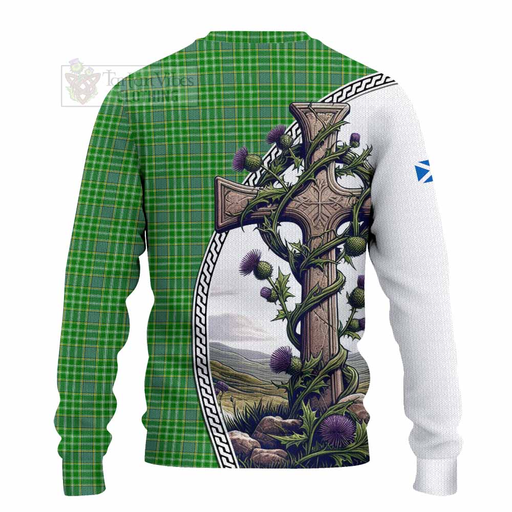 Tartan Vibes Clothing Currie Tartan Knitted Sweater with Family Crest and St. Andrew's Cross Accented by Thistle Vines