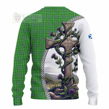 Currie Tartan Knitted Sweater with Family Crest and St. Andrew's Cross Accented by Thistle Vines