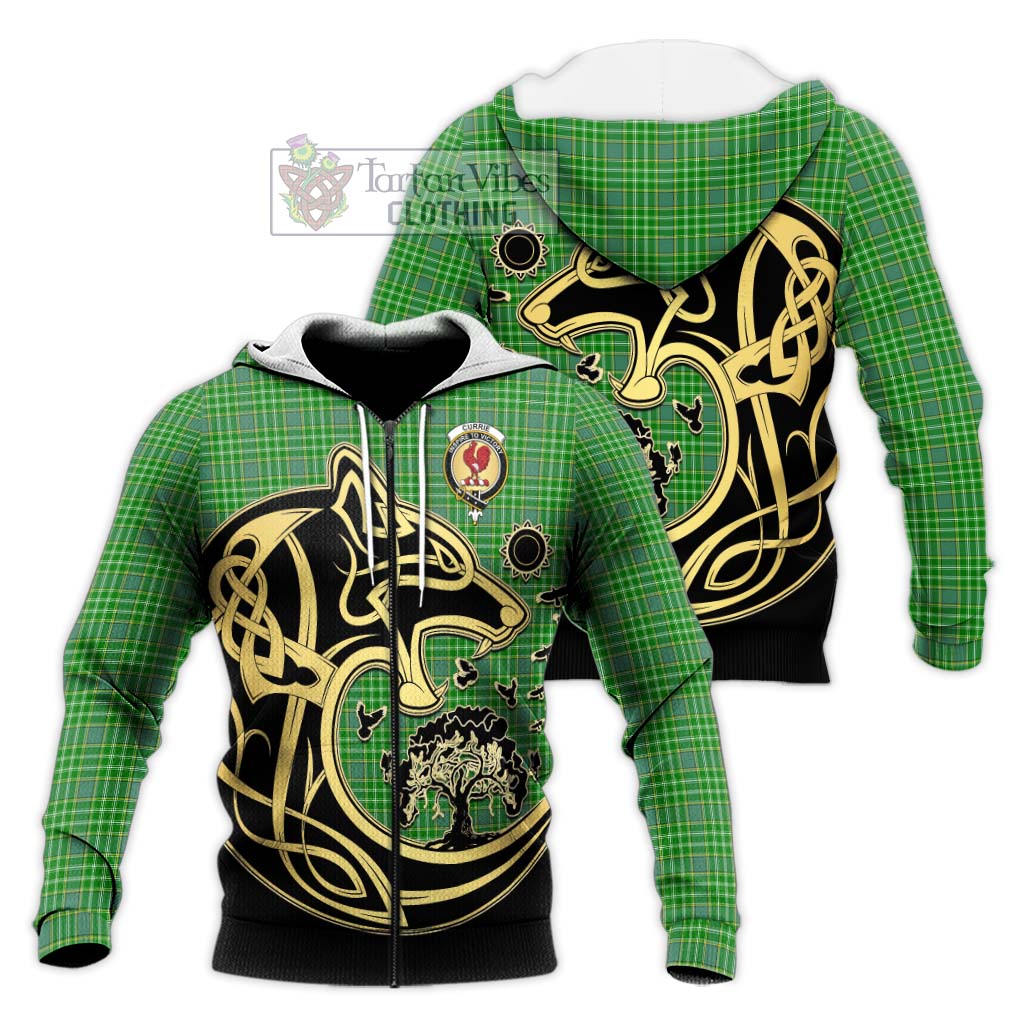 Tartan Vibes Clothing Currie Tartan Knitted Hoodie with Family Crest Celtic Wolf Style